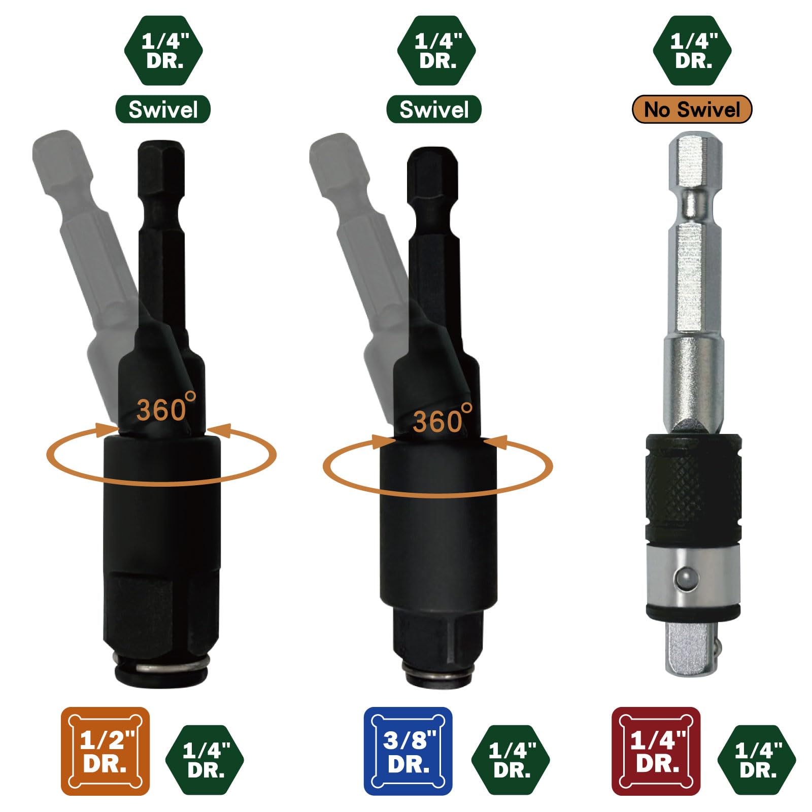 KESI Set di adattatori per bussole girevoli 2 in 1, 3 pezzi, multifunzione, 1/4", 3/8", 1/2", grado di impatto, girevole a 360°, porta punte magnetico, acciaio Cr-Mo, brevetto USA, trapano elettrico e