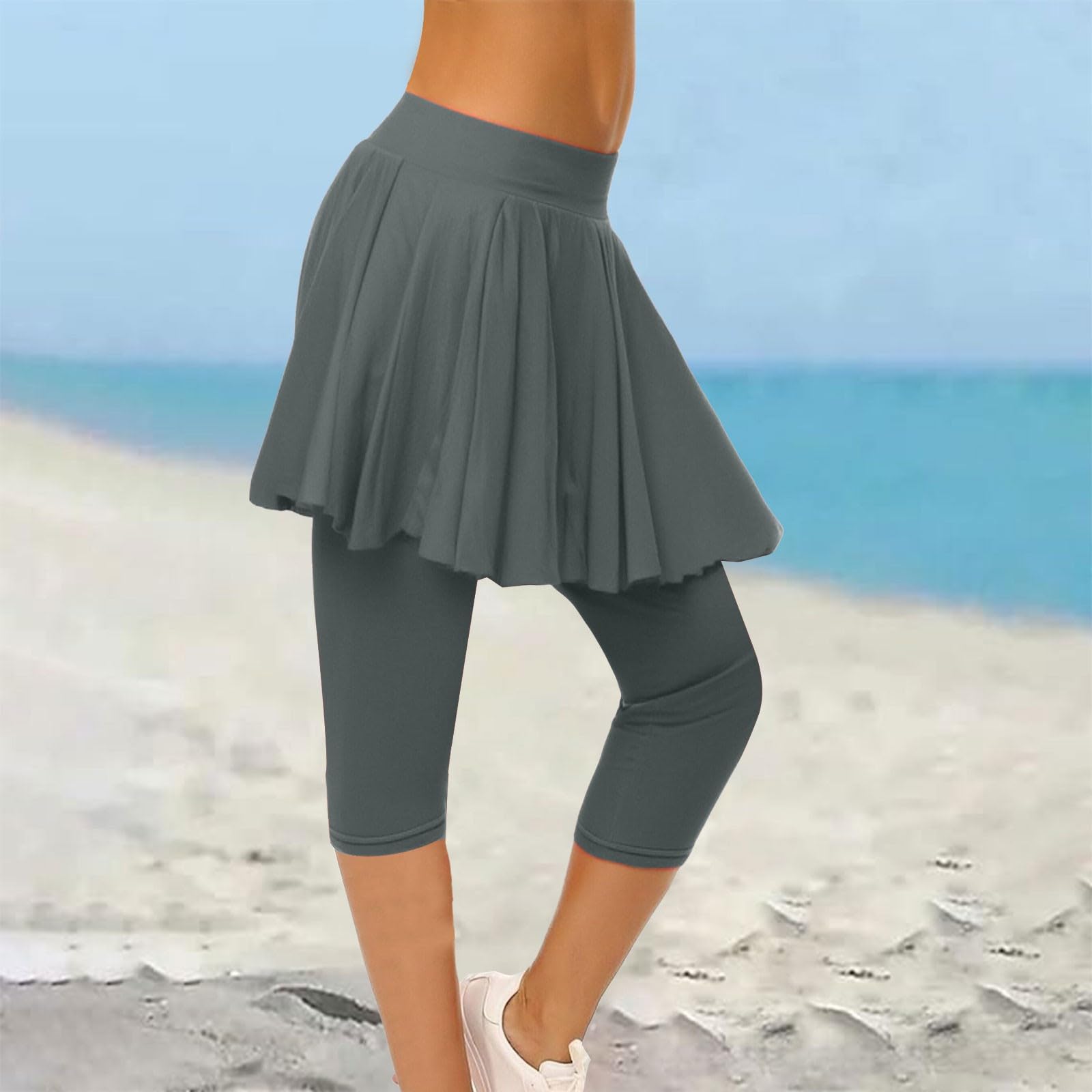 Skort sportivo da donna Skort da corsa a vita alta leggings con gonna gonne da tennis gonna da hockey aderente capris allenamento palestra 3/4 pantaloni da yoga, Grigio scuro, L