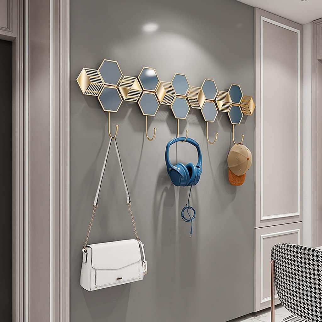 Wall Mounted Coat Rack Coat Rack Hook Metal Floating Decoration Pendant Bedroom Living Room Corridor Hanger Hallway Free Punching Wall Hanging Coat Rack with 5 Hooks Storage Benches (Brass )