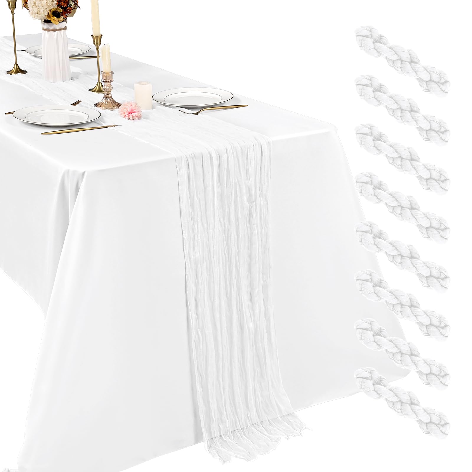 8 Pack White Cheesecloth Table Runner, 17.7 x 108 inch Boho Gauze Table Runner 45x275 cm Rustic Romantic Long Table Runner for Wedding Party Bridal Shower Christmas Decoration