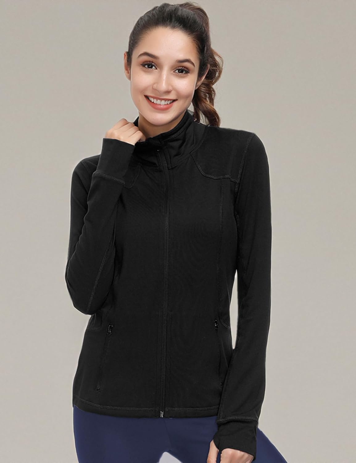 Dolcevida Women's Zip Up Running Jacket - Lightweight 4-Way Stretch Full Zip Workout Jacket with Thumb Holes & Pockets