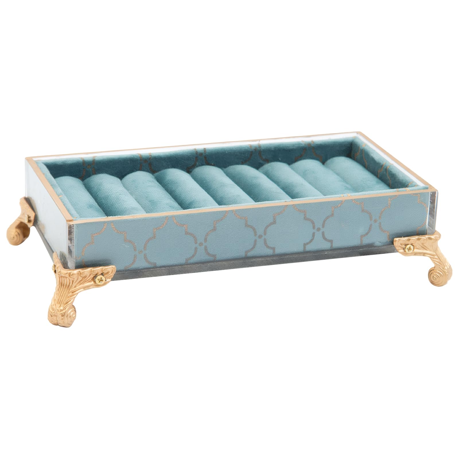 Générique Présentoir à bagues vintage bleu paon européen, grand plateau à bagues en velours avec pieds sculptés dorés, organisateur idéal pour bagues et petits accessoires de bijoux