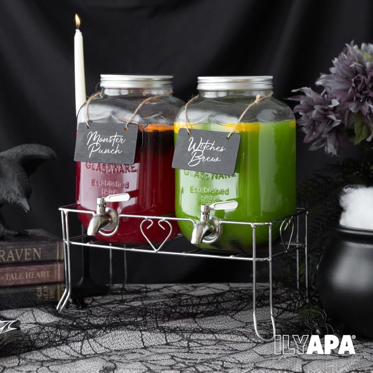 Miniatura 3 de Ilyapa Dispensador de bebidas de vidrio para exteriores, paquete de 2 con base de metal resistente, pizarras colgantes y grifos de acero inoxidable,