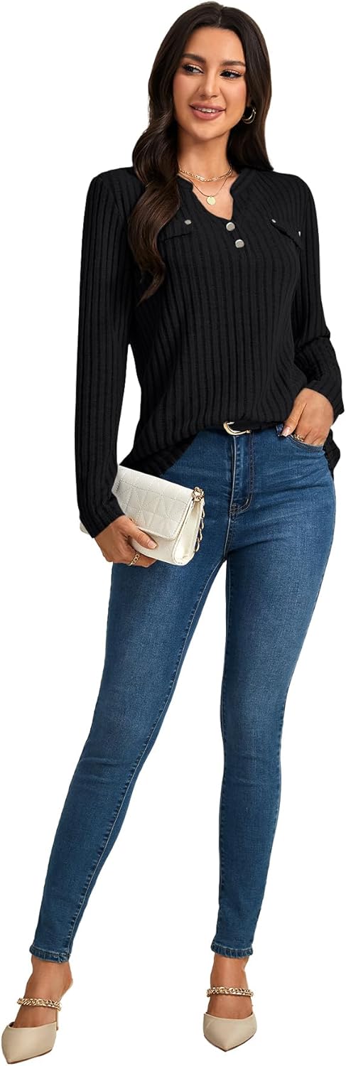 OPOIPIN Women's Long Sleeve Shirts Button V Neck Casual Pullover Sweaters Tunic - Image 6