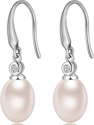 18K White Gold Plated Pearl Hangling Earrings for Women, 925 Sterling Silver Cubic Zirconia Pearl Dangle Drop Earrings with Fish Hook, Pearl Jewelry