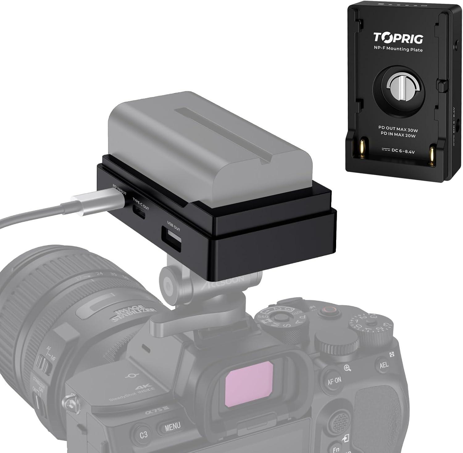 toprig Accsoon NP-F Battery Adapter Plate for NP-F 550/750/970 with LED Low Battery Indicator, 1/4'' Screw Mount - Lightweight Design for DSLR Camera, Video Rig, PD20W Fast Charging Adapter Mount