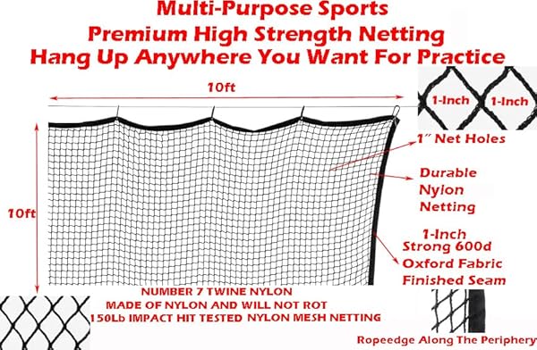 10FT x 10FT Strong Durable Heavy Duty Frequent Use Sports Barrier Net with Around Finished Seam Hitting Practice Nylon Netting High Impact Indoor Outdoor for Golf Baseball Hockey Soccer by Mcage - Used condition - US$24.95