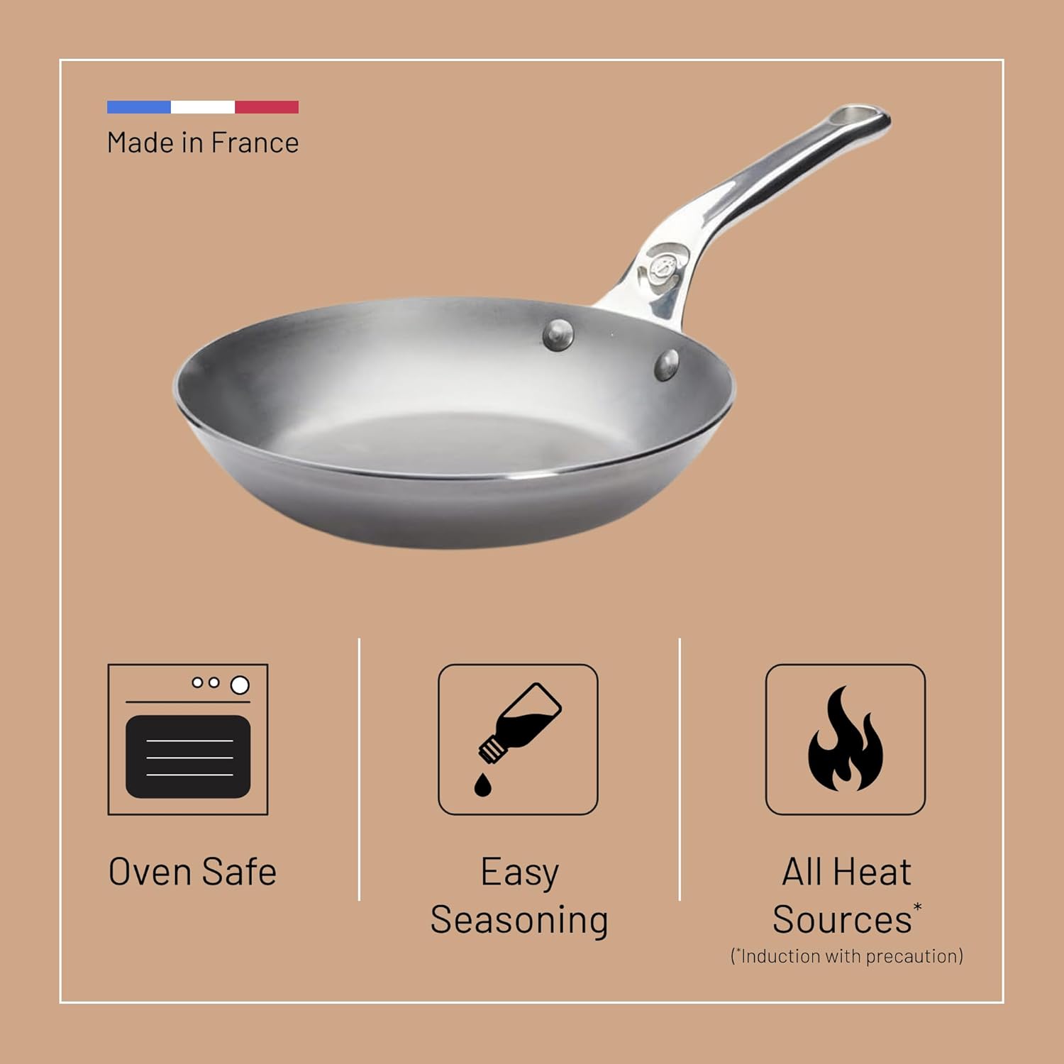 de Buyer MINERAL B Pro Carbon Steel Fry Pan - 8” Diameter, 5.5” Cooking Surface - Ideal for Searing, Sauteing & Reheating - Made in France