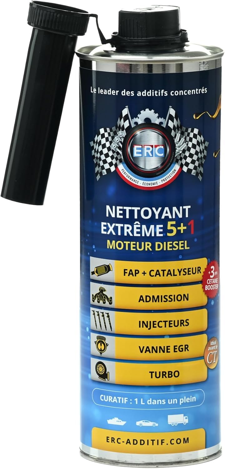 ERC Limpiador diésel Extreme 5+1, descarboniza sin desmontaje. Regenera DPF, EGR, turbo e inyectores. Mejora cetano para potencia y eficiencia. Aditivo profesional para revisión del vehículo, 1 L