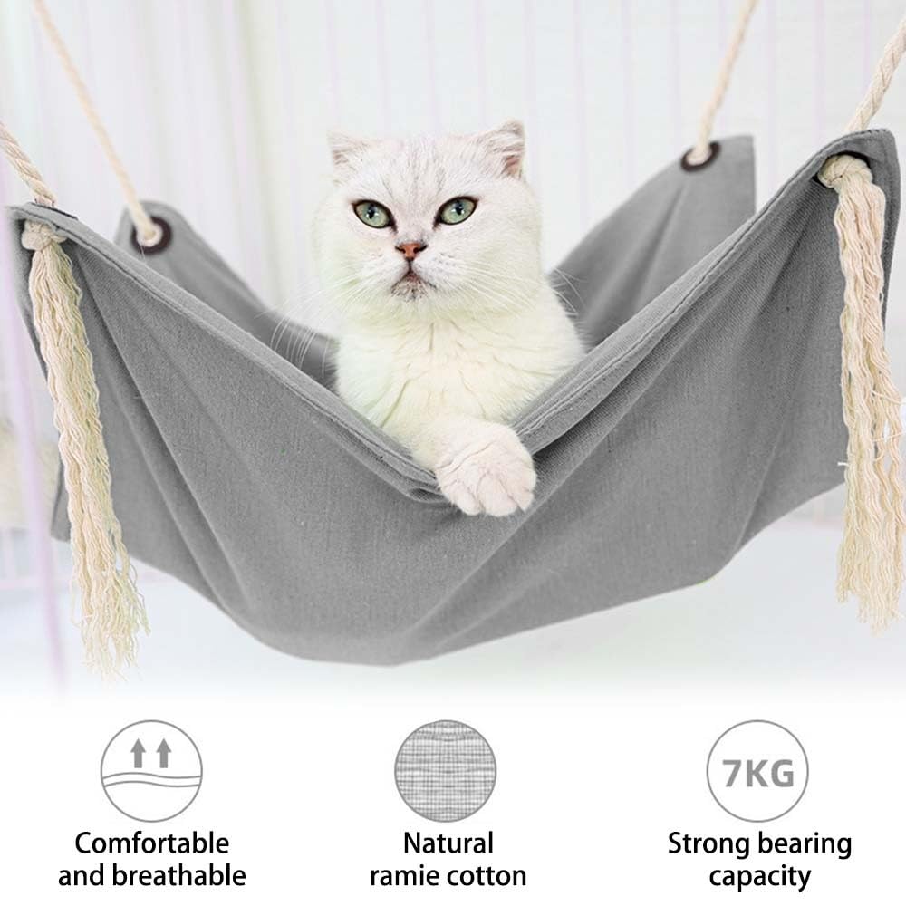 DONGKER Hamac Cage pour Chat,Nid Suspendu Respirant pour Animaux de Compagnie en Coton et Lin avec 4 Crochets pour Chats de Moins de 7Kg/15 Lbs Lapins Furets Chinchillas