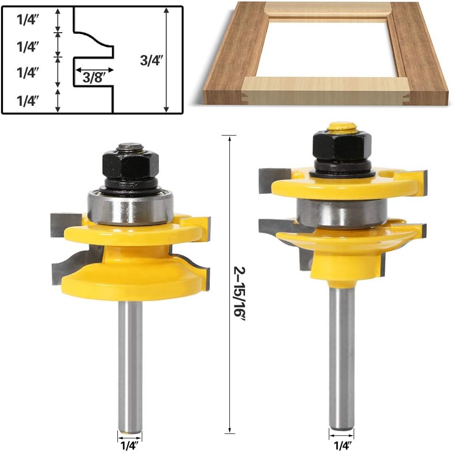 1/4" 2pcs Rail And Stile Router Bit Set Door Window Woodworking Knife Tenon For Wood Milling Machine Tools