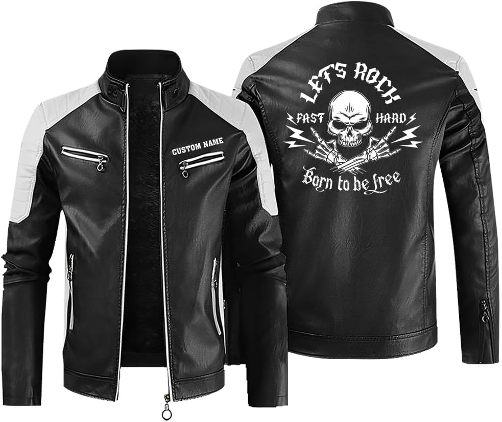 Let's Rock, Fast and Hard, Born to be Free, Music Skull Rocker, Motorcycle Custom Men PU Leather Vest Jacket