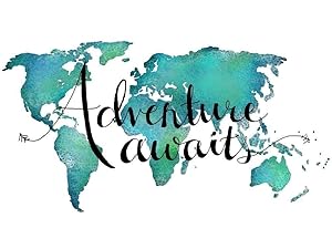 Adventure Awaits Teal World Map Art Print Travel Quote Home Decor 8x10 Inches Unframed (8x10 inches, Teal)