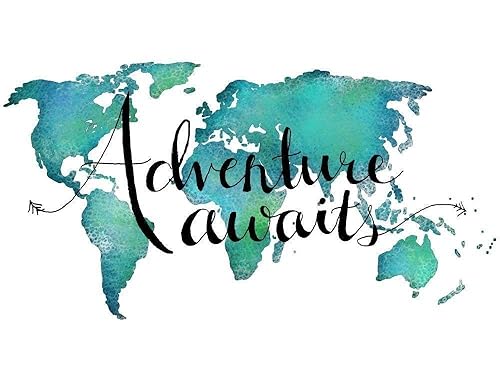 amazon com adventure awaits teal world map art print travel quote home decor 8x10 inches unframed 8x10 inches teal handmade products