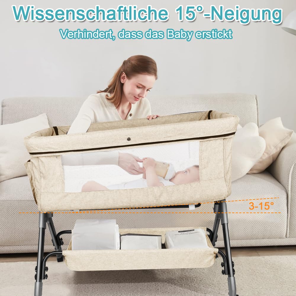 Lit Bébé Cododo - Berceau avec Matelas, Mode Bascule pour Bercer, Côté Repliable, Hauteur Réglable, Fenêtres en Filet, Roues et Sac de Voyage - 0-24 Mois, 25 kg-104*52*100-110 cm - blanc cassé