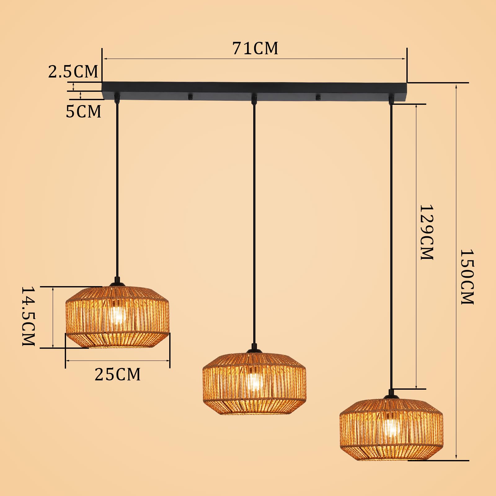 Pendelleuchte Boho Hängelampe Rattan Lampe Hängend Höhenverstellbar | Hängeleuchte Esszimmer 3 flammig Esstischlampe Retro Design mit E27 Fassung für Schlafzimmer Wohnzimmer/Ohne Leuchtmittel