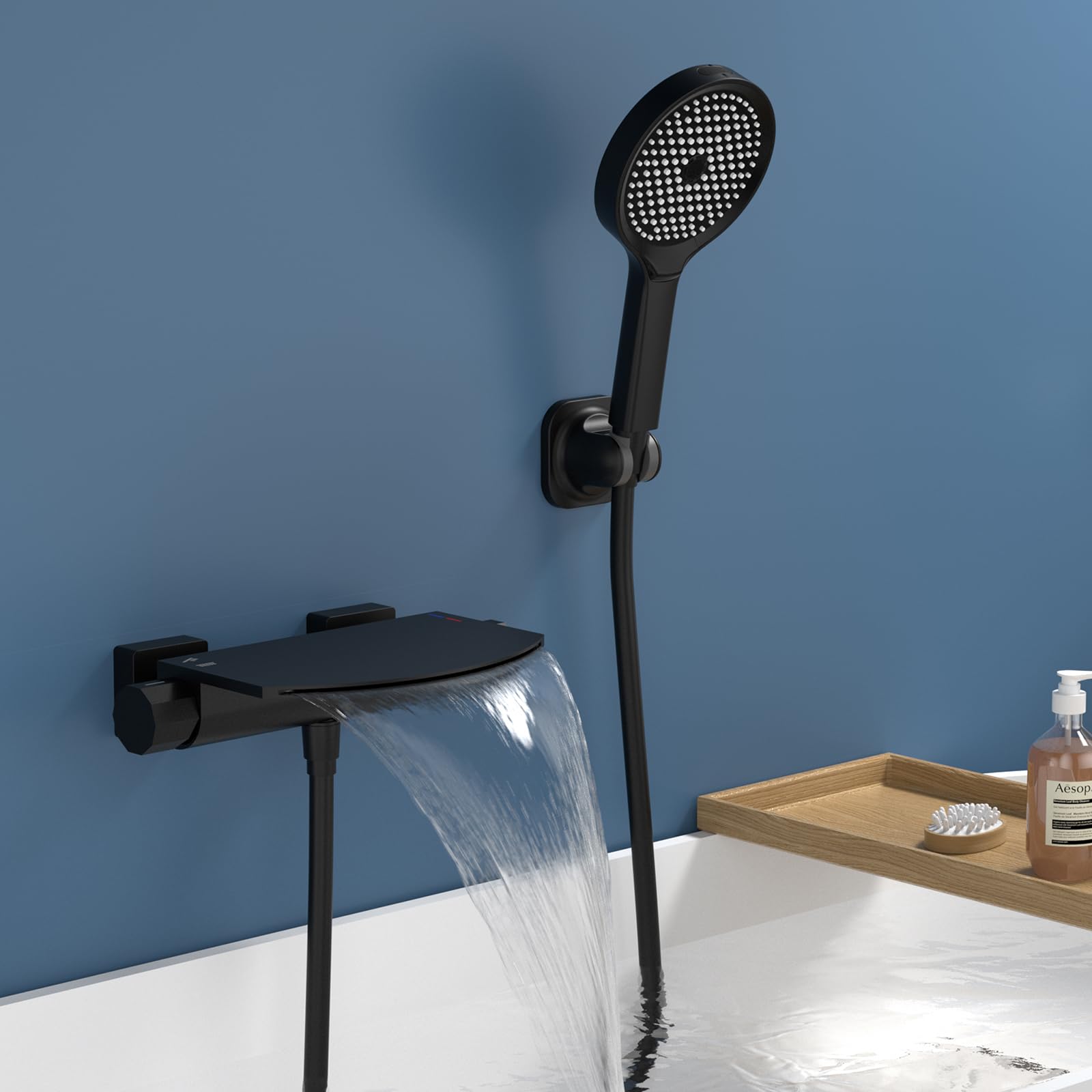 HOMELODY Badewannenarmatur Schwarz, Badewannenarmatur mit Handbrause, Wasserfall Wannenarmatur, Messing Mischbatterie Wandarmatur für Badewanne, Wandmontage mit großer Plattform