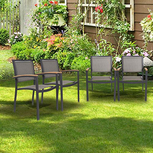 KARMAS PRODUCT 4 Pack Stackable Indoor Outdoor Patio Dining Chairs with Teak Armrest,Textilene Mesh Fabric Aluminum Frame,Gray