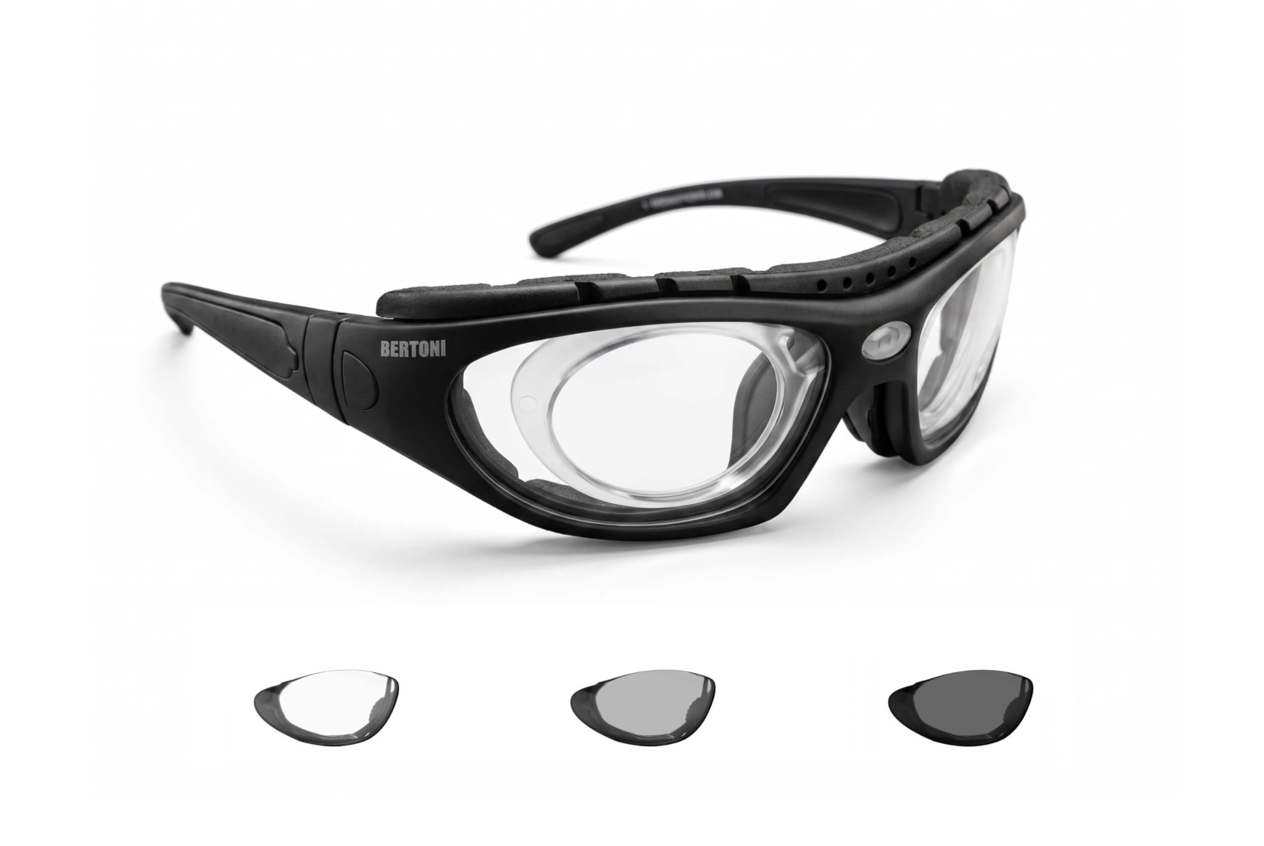Bertoni Occhiali Fotocromatici Sportivi Antivento Avvolgenti 366 per Moto Sci Skydiving Sport Estremi - Aste ed Elastico intercambiabili