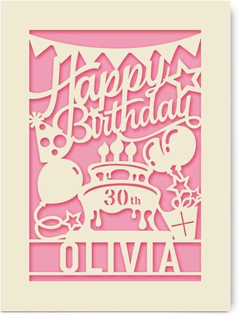EDSG Personalised Birthday Card | Paper Cut Happy Birthday Card for Her Women Girl | Custom Gift with Envelope Hand Finished in UK 13th 16th 18th 21st 30th 40th 50th 70th 80th 90th (Pink)