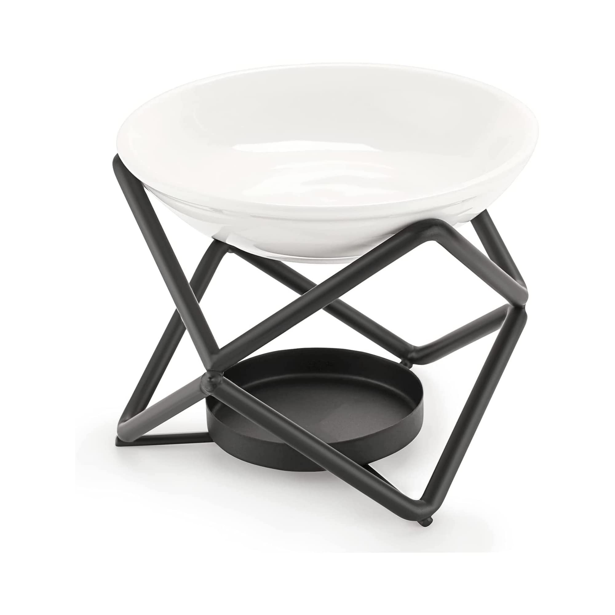 Black Geometric Wax Melt Burner, Metal Oil Burner Tea Light Holder With Ceramic White Bowl