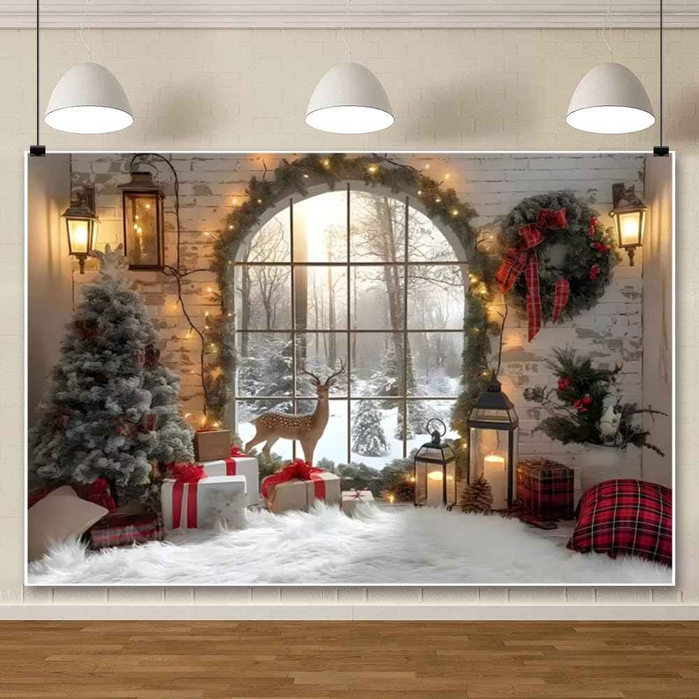 ChloropLastid 5x3ft Christmas Window Backdrop Winter Snow Xmas Tree Reindeer Photography Background Holiday Family Party Decoration New Year Banner