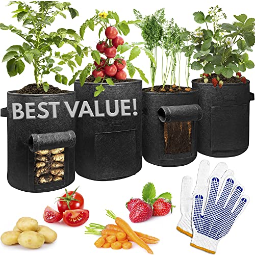 Plant Grow Bags - [ Bonus Garden Gloves ] â€“ 4 Bag Set with 10 Gallon Grow Bags and 7 Gallon Fabric Pots, Potato Bags for Growing Potatoes, Potato Planting Bags, Potato Grow Bags 10 Gallon with Flap
