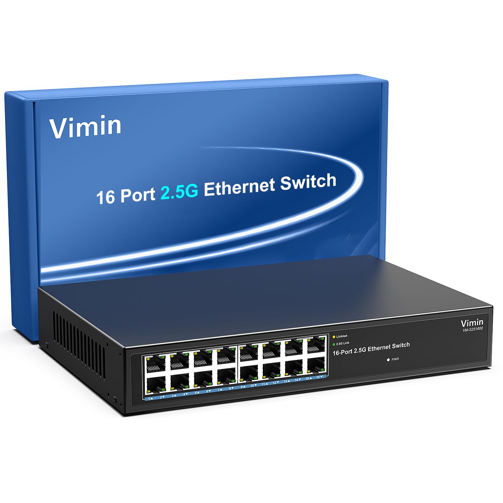 VIMIN Switch 2.5G Non gestito, 16 Porte 2.5GB Base-T Ethernet Switch, 2.5Gb Switch di Rete Plug & Play, Compatibile con 10/100/1000/2500Mbps, alloggiamento in Metallo, Senza Ventola, per Nas da 2,5