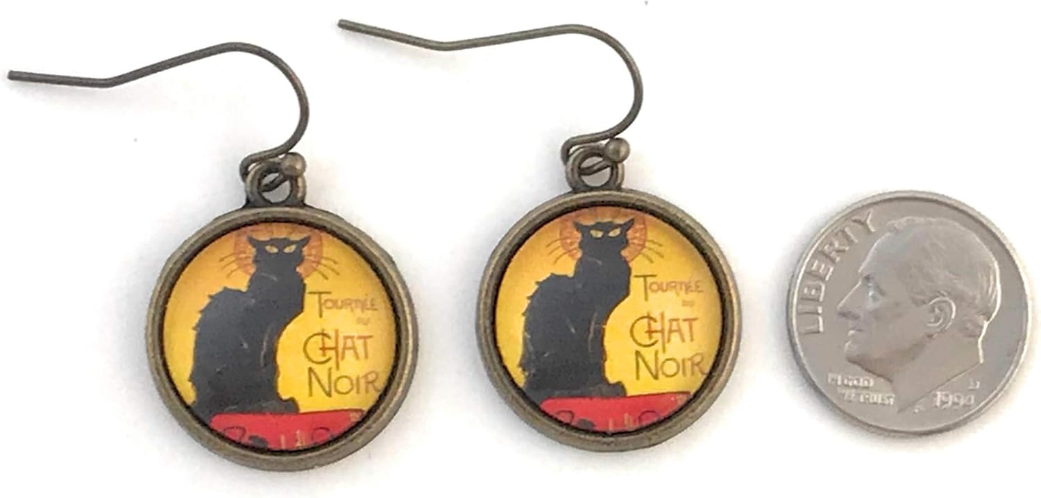 Chat Noir Dangle Earrings - Black Cat Jewelry - Handmade - Classic Art Poster Image