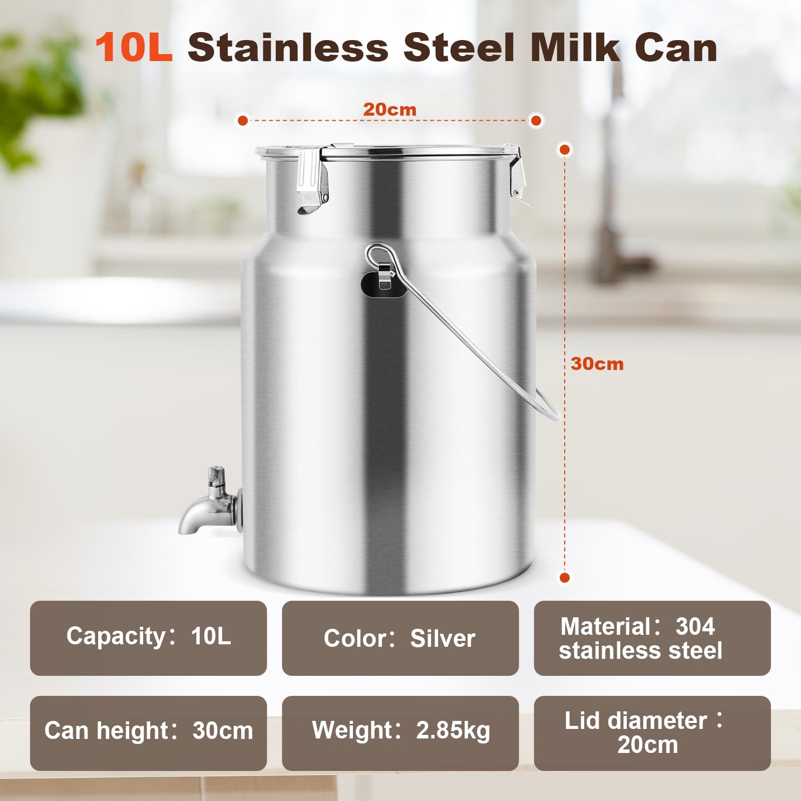 YUCHENGTECH 304 Acero Inoxidable La Leche Puede 10L Cubo De Transporte De Leche con Tapa Sellada y Grif Olla De Lechería Bote De Leche Jarra de Leche de Acero Inoxidable Cubo de Leche