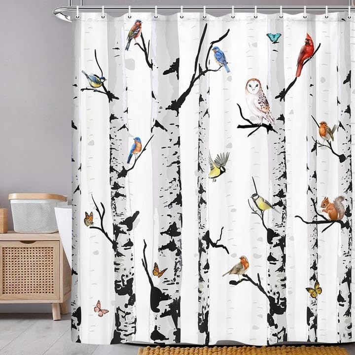 Miniatura 7 de Cortina de ducha de tela de invierno con pájaros, cortina de ducha de bosque de abedul blanco y negro para baño, cortinas de ducha de animales con