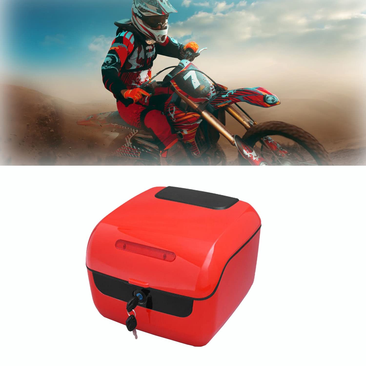 Baúl De Moto Maletero para Casco Integral, Topcase Maletero De Moto con 2 Llaves Accesorios 33X33X24 CM (Color : Rojo)