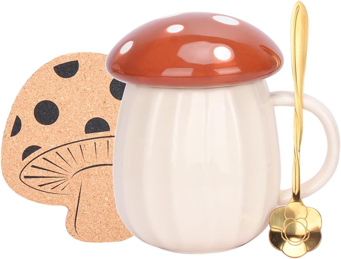 Kawaii Mushroom Tea Cup Set - Cute Coffee Mug with Lid, Flower Spoon, Tea Infuser for Women, Girls, Occasions