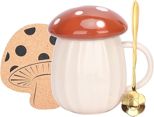 Miniatura 9 de Taza de hongo, bonita taza de café con tapa, cuchara de flores, infusor de té, juego de tazas de té de hongos Kawaii, 8.5 fl oz8 onzas para leche,