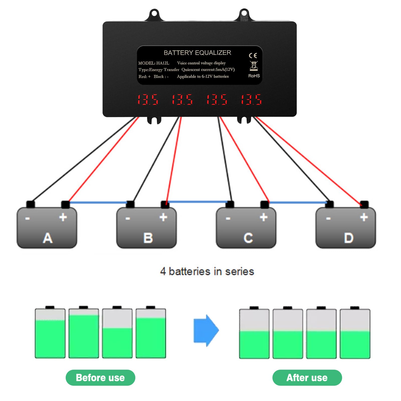 Equilibriador de batería de 48V ecualizador de batería de 48V para plomo ácido iones de litio hierro fosfato etc. Pantalla digital LCD, compatible con conexión en serie o en paralelo.