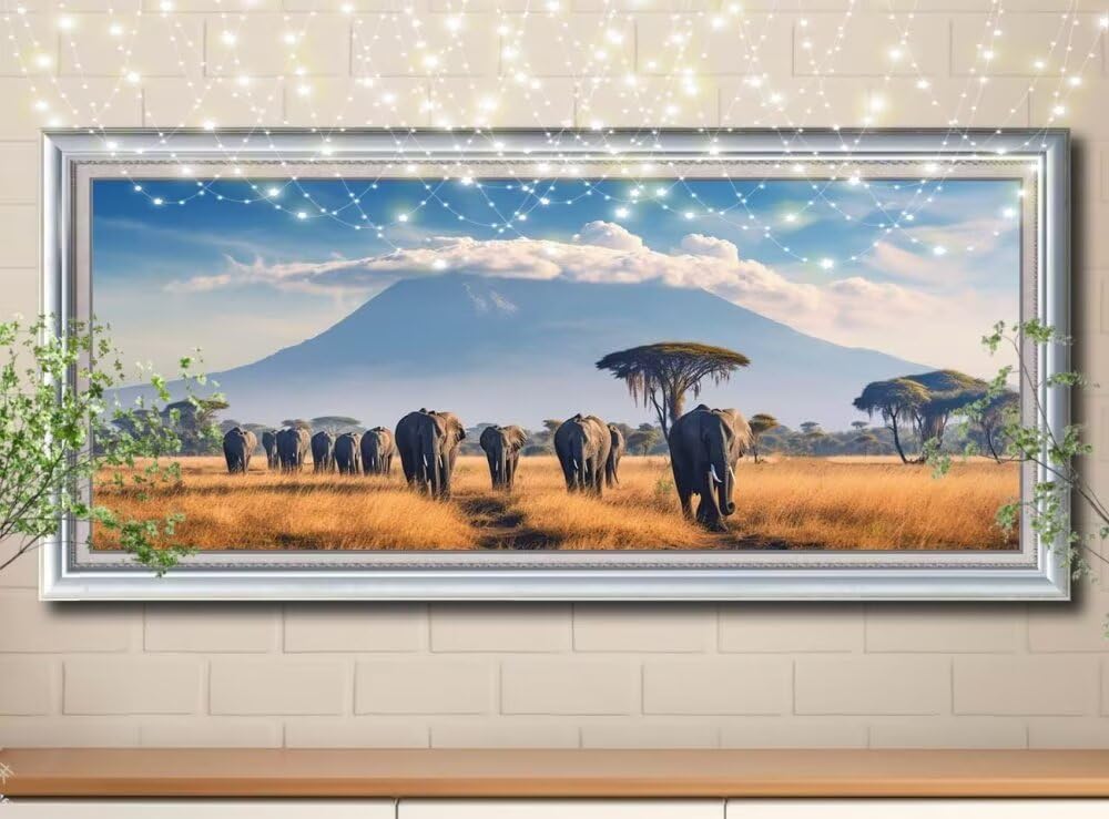 Malarstwo diamentowe 5D, obraz diamentowy 5D, słoń, łąka, pełna mozaika, dla dzieci, dla dorosłych, duży (50 x 125 cm), obraz do dekoracji domu 8Y-8587