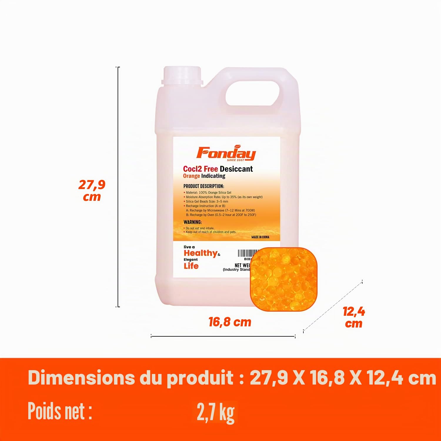 6LBS Fonday Perles déshydratantes en gel de silice de qualité supérieure pour indication de l'humidité Orange à vert (norme industrielle 3-5 mm) – Rechargeable