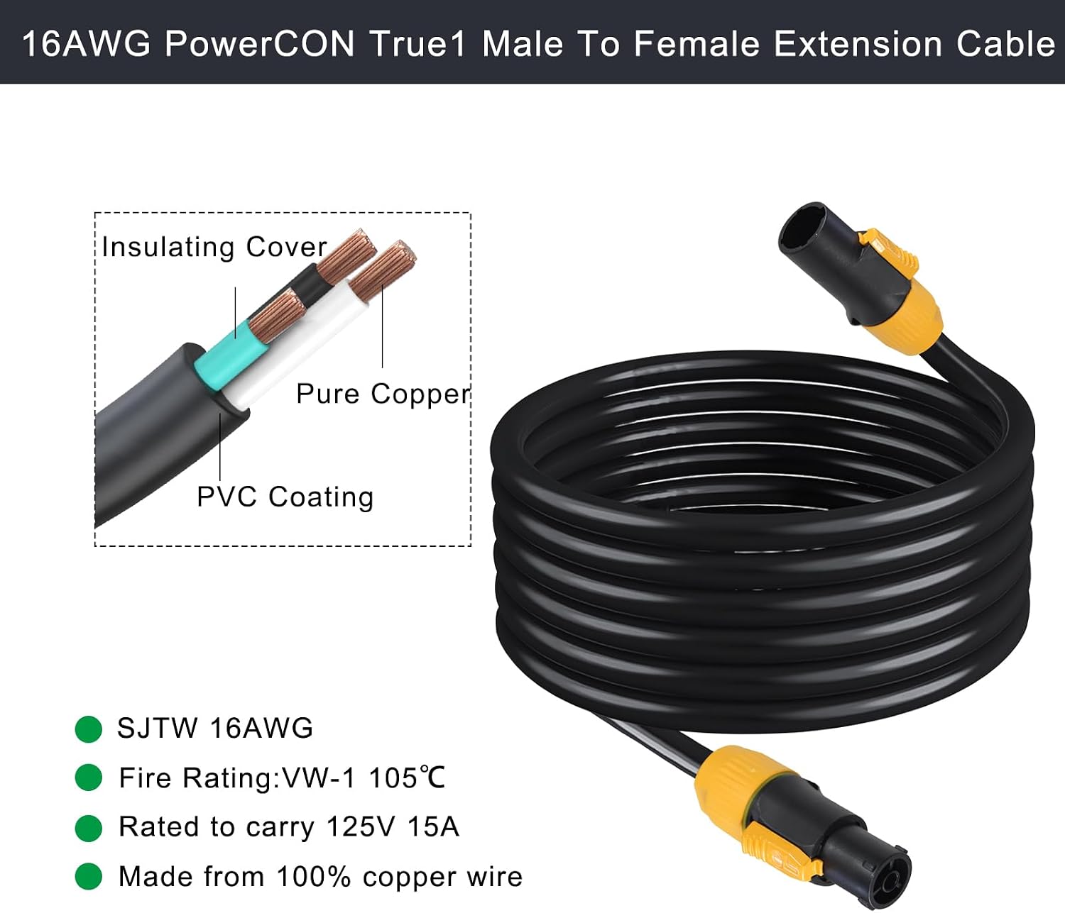 Extension powerCON True1 Male to Female Cable - 14AWG PowerCon Extension Cable, Heavy Duty Outdoor 20A Waterproof True Connector for Stage Light/Speaker(SAC3MX - SAC3FX) (6FT)