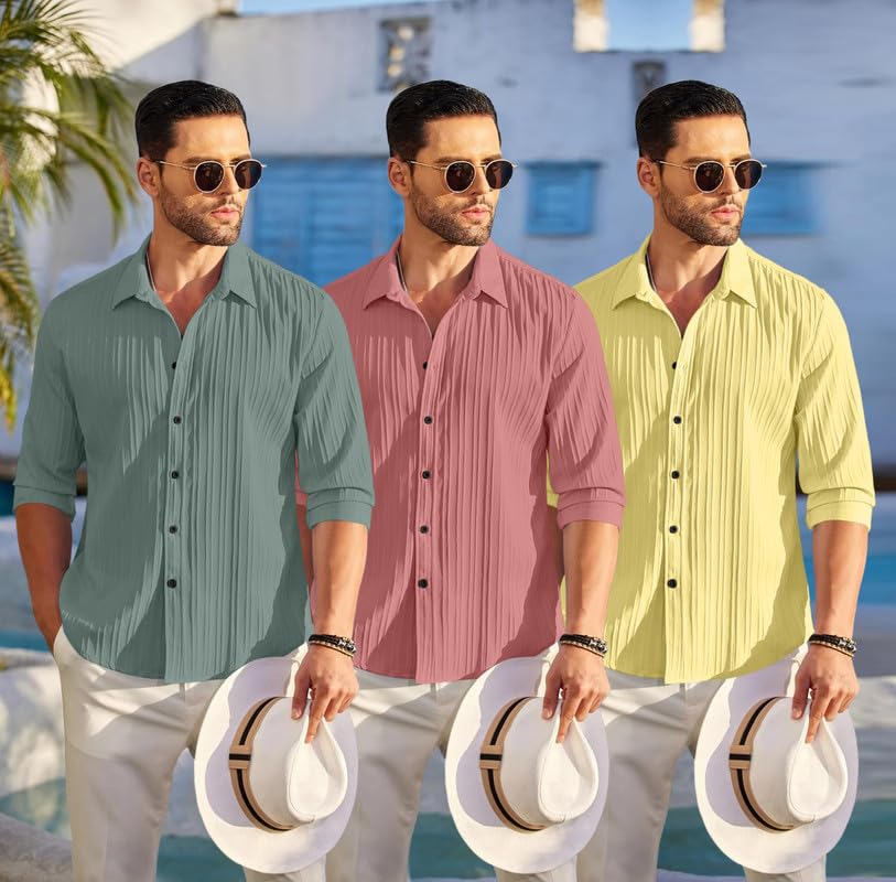 Image of FINIVO FASHION Combo of Men's Casual Cotton Plain Button Down Shirt Long Sleeve Textured Summer Beach Shirt for Men Pack of 3