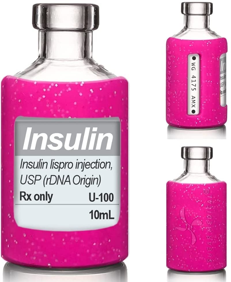Sugar Medical Insulin Vial Protective Sleeve. Silicone Cover to Protect Your Insulin Vial from Breaking. Fits 10ml Insulin Brands. (Glitter Pink)
