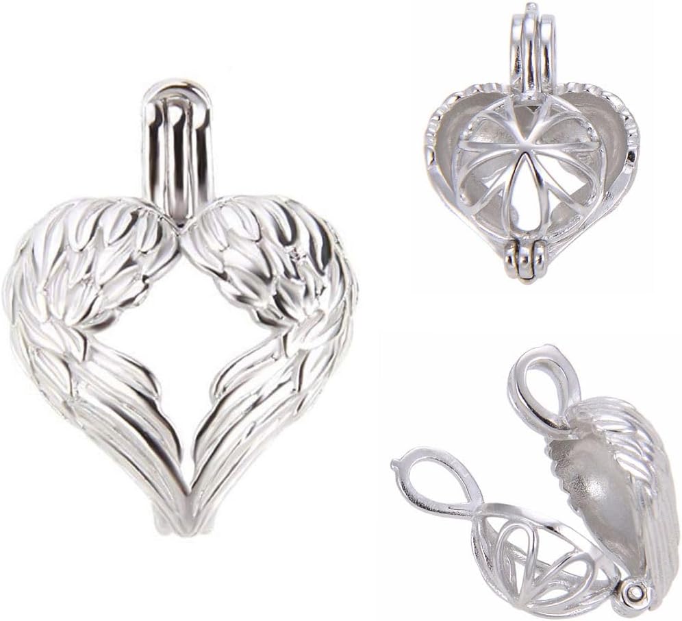 3pcs Adabele Authentic 925 Sterling Silver Angel Wings Heart Bead Cage Jewelry Findings Hypoallergenic Tarnish Resistant for 6-8mm Bead Pendant Drop Link Jewelry Making SS391