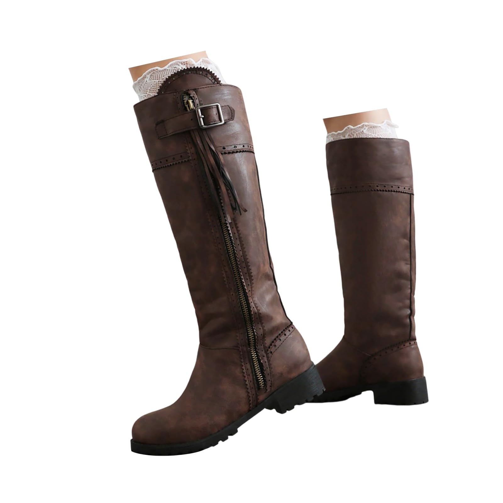 Bottes d'équitation pour femme - Bottes longues avec fermeture éclair et boucle - Bout rond - Franges - Bottes hautes élégantes - Automne Hiver - Vintage