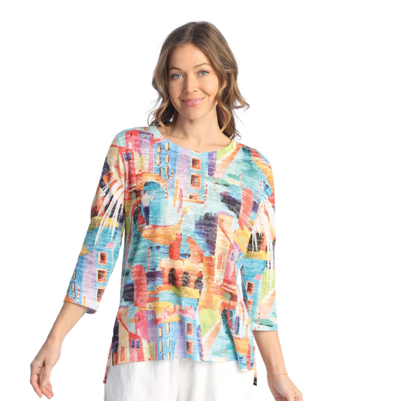 Jess & JaneAbstract Print Crew Neck Side Slit Burnout Top - 44