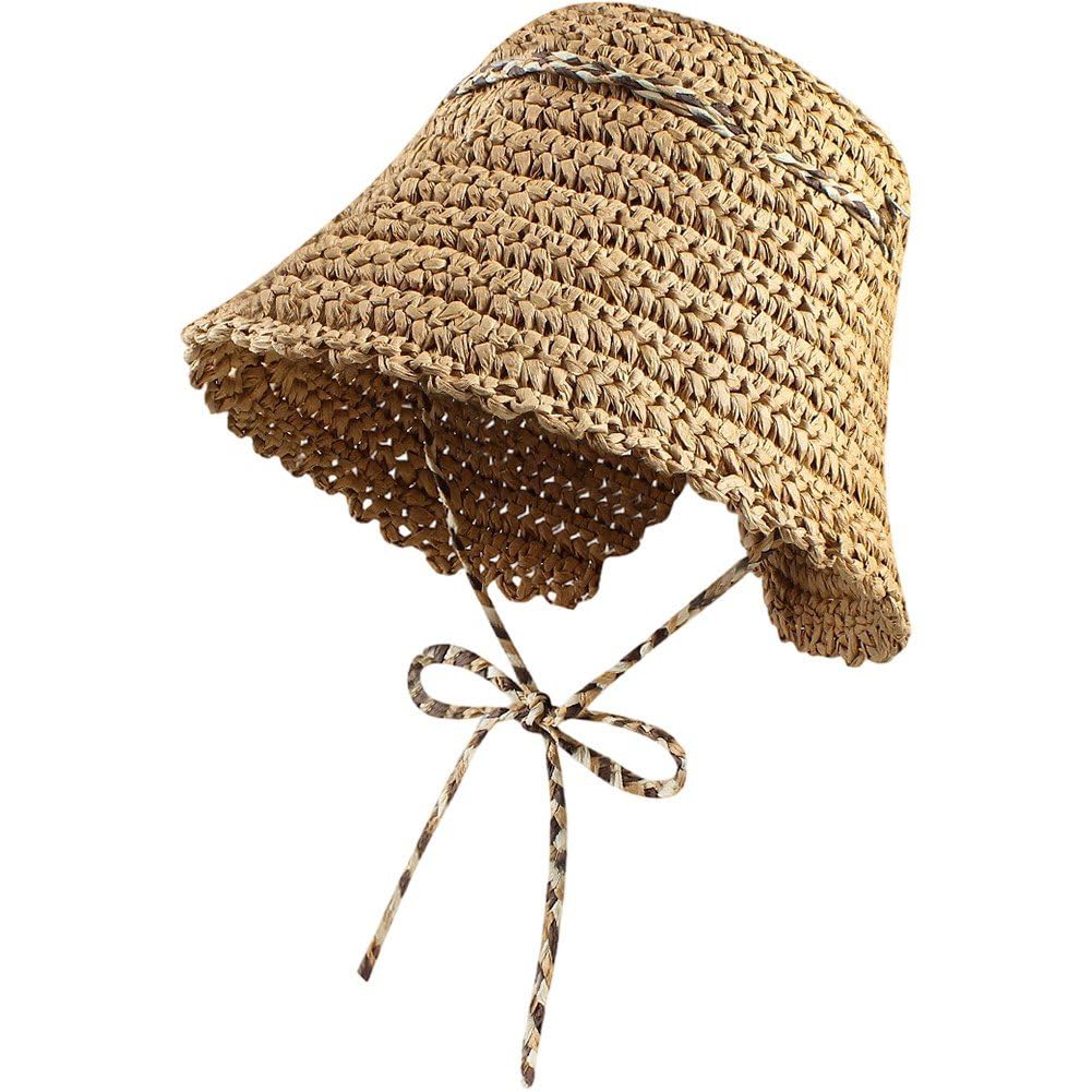 Sslvya Straw Sun Hats for Women, Sun Protection Wide Brim Summer Beach Hat Breathable Sun Visor Hats Fisherman Hat with Chin Strap
