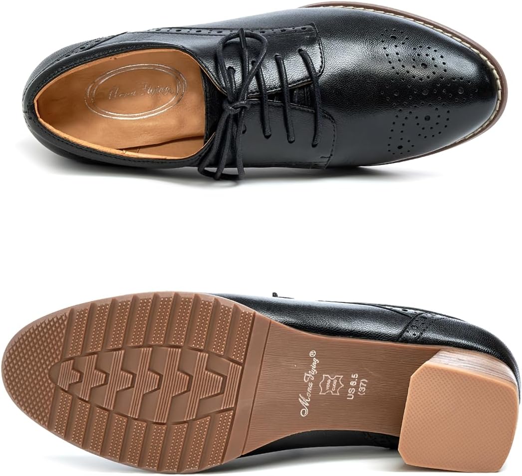 Mona flying Womens Leather Med Chunky Heel Wingtip Brogue Lace-up Dress Oxford Pumps Office Work Heel Shoes for Ladies
