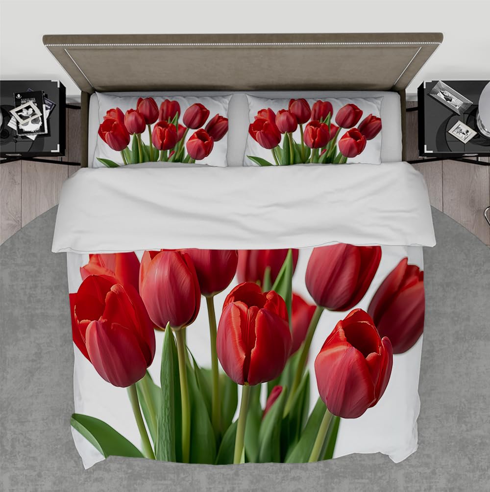 Housse de couette moderne 3 pièces rouge motif floral avec taies d'oreiller pour lit 200x220cm