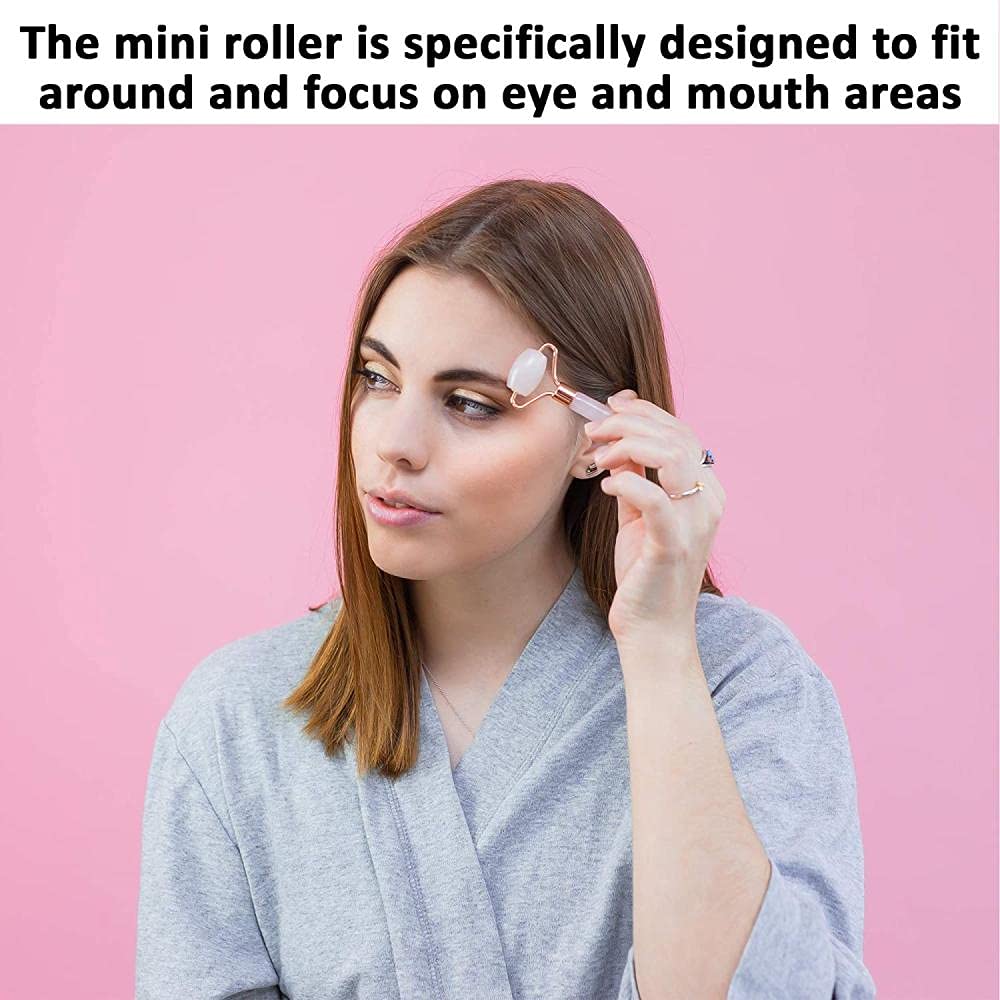 Juego de rodillos de cuarzo rosa con Gua Sha para rostro, natural, auténtico, masajeador de cristal facial, ojos, tonos, firmas, 2 unidades