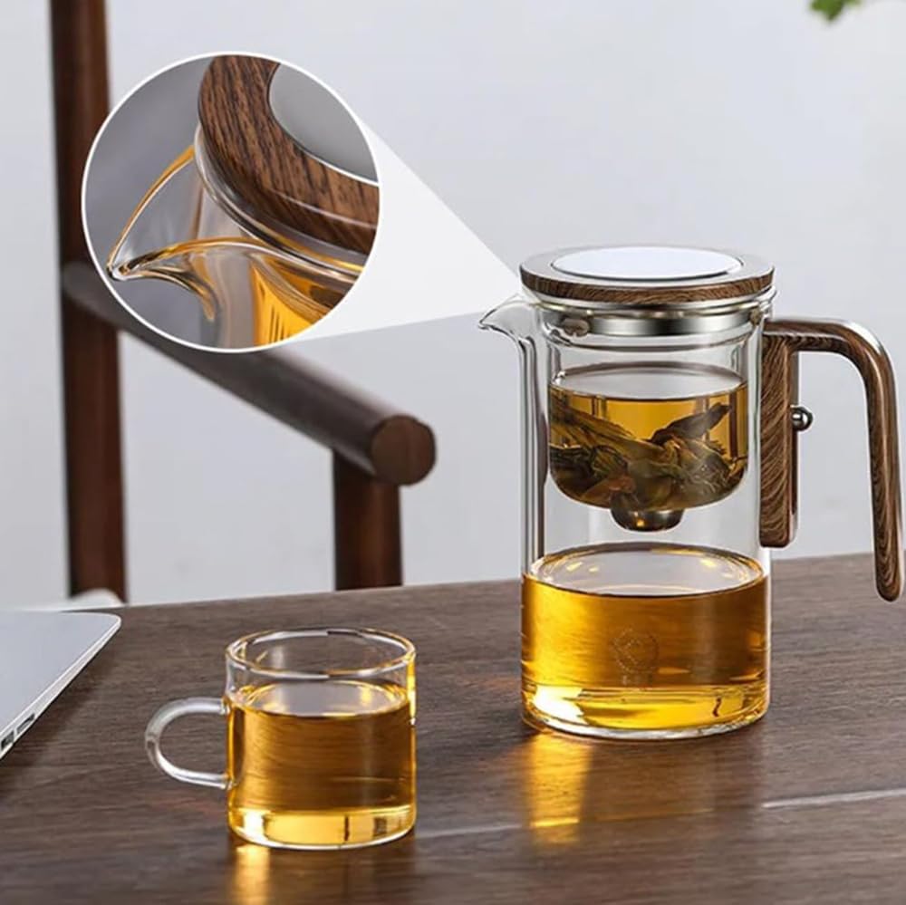 Water Separation Glass Teapot with Wooden Handle, Witchcraft Teapot, Magical Teapot with Infuser, Press Control Magical Teapot Glass, Glass Teapot, Magnetic Filter Teapot with Dual Infusers (720ml)
