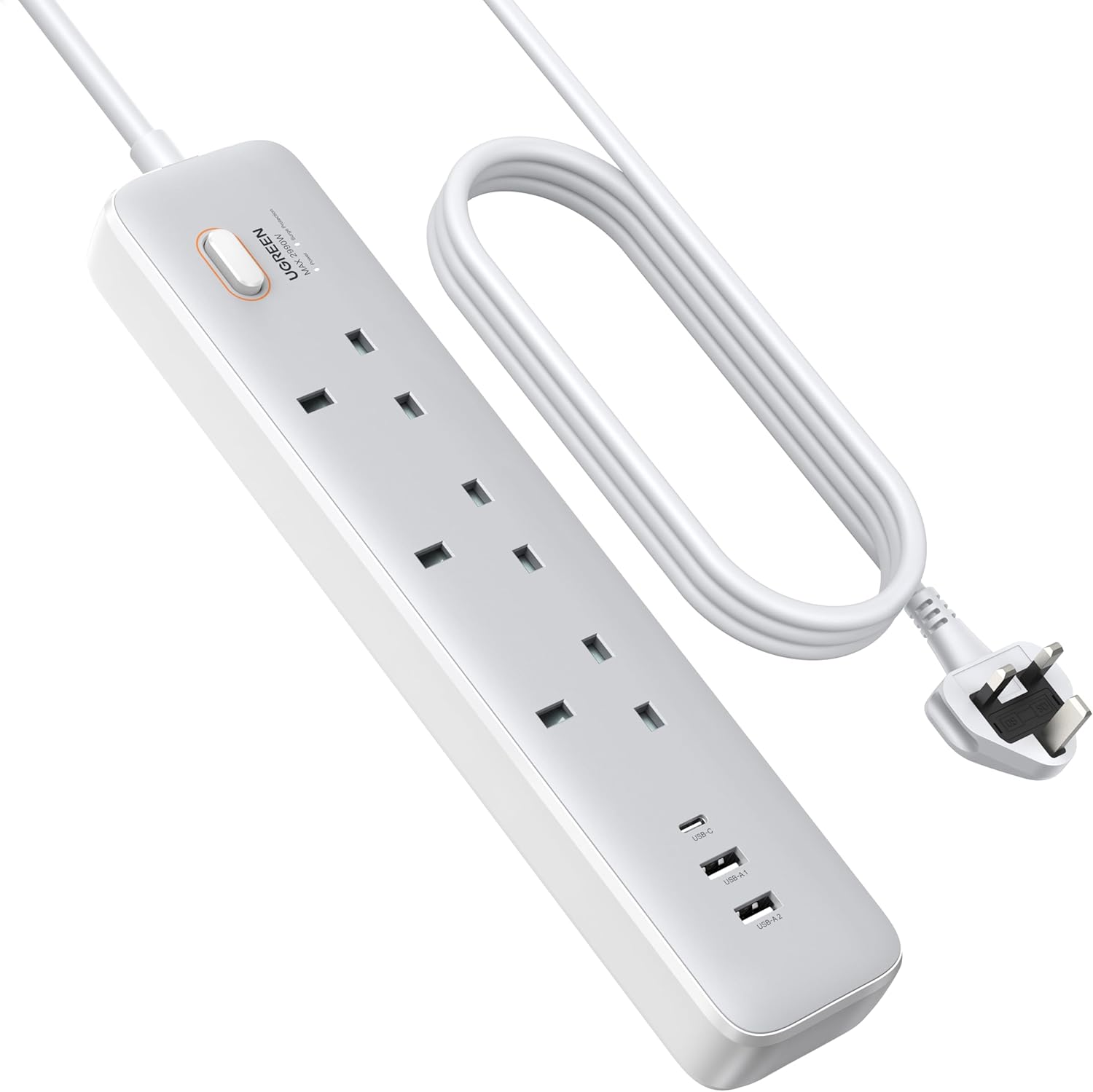 UGREEN GaN 6-in-1 Surge Protector Power Strip with PD30W USB-C (2A1C), Overload/Short-Circuit/Overheat Protection Extension Cord with 3 AC Outlet, UK Plugs with 2M Lead for Home Office Travel, etc UGREEN GaN 6-in-1 Surge Protector Power Strip with PD30W USB-C (2A1C), Overload/Short-Circuit/Overheat Protection Extension Cord with 3 AC Outlet, UK Plugs with 2M Lead for Home Office Travel, etc