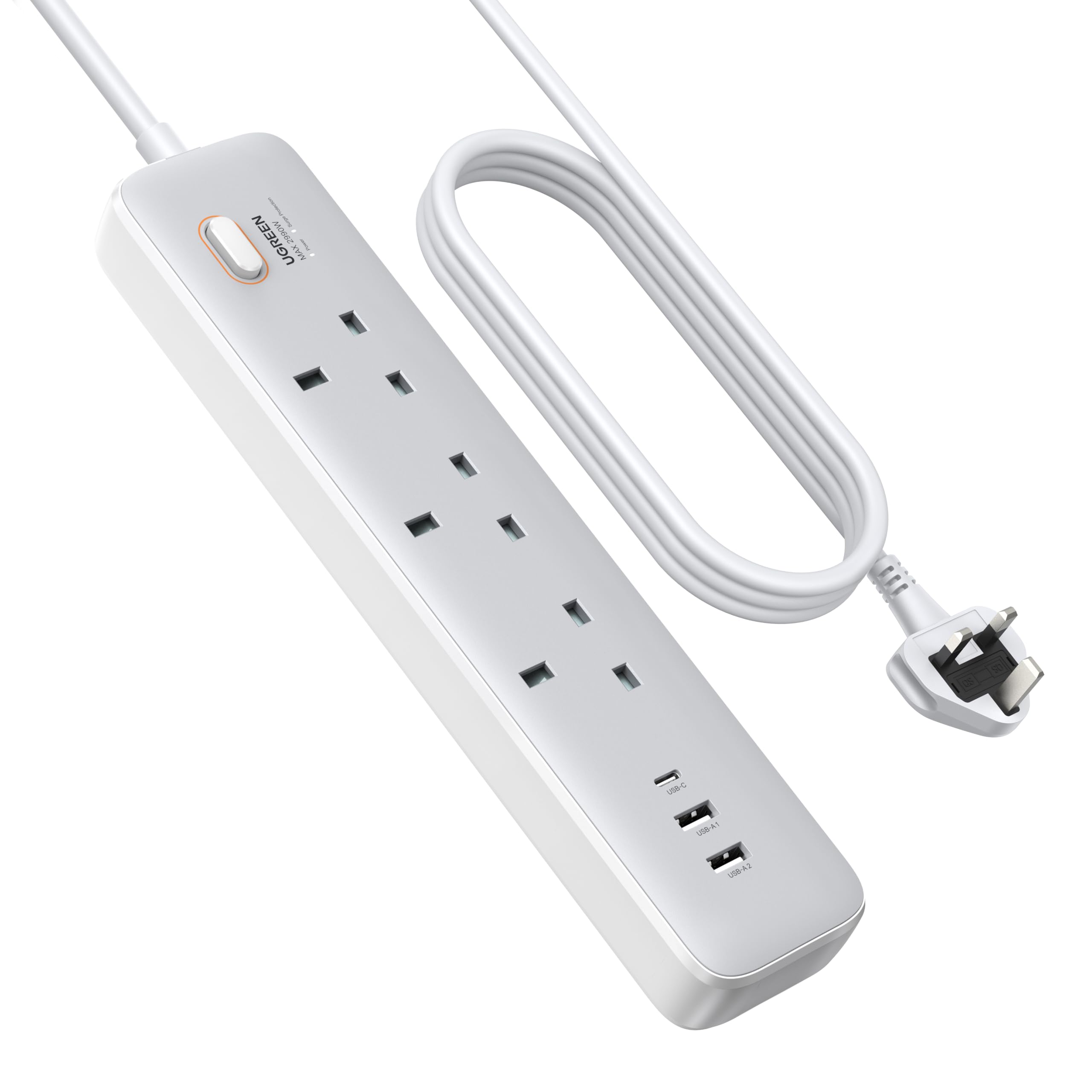 UGREEN GaN 6-in-1 Surge Protector Power Strip with PD30W USB-C (2A1C), Overload/Short-Circuit/Overheat Protection Extension Cord with 3 AC Outlet, UK Plugs with 2M Lead for Home Office Travel, etc